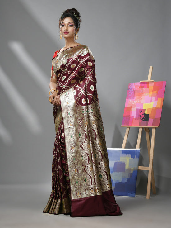 Maroon Silk Banarasi Saree With Meenakari Designs-MA52BSL44880086