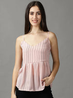 Women's Pink Striped Peplum Top-AE-10463-Pink