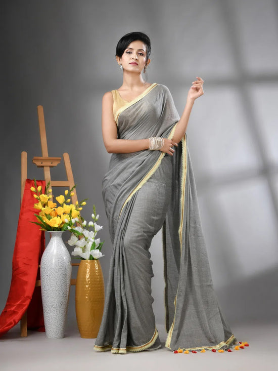 Grey Mul Cotton Soft Saree With Gota Patti Borders-MA62MCT33880005