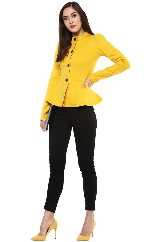 Women Solid Mustard Full Sleeve Jacket