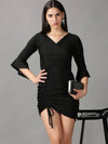 Women's Black Solid Wrap Dress-SRA-1335-Black