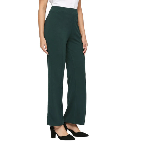 Smarty Pants Women's Ployester Lycra Bell Bottom Bottle Green Formal Trouser