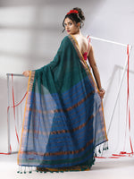 Teal Cotton Saree With Stripes Zari Pallu-MA55CT06540093