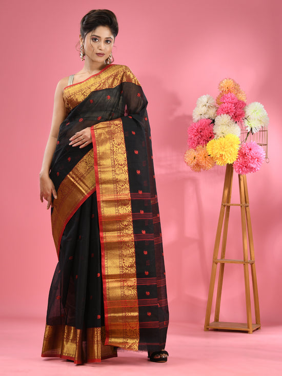 Black Pure Cotton Tant Saree With Zari Border-MA51TT43540050