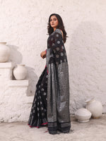 Black Cotton Saree With Damask Motifs And Zari Border-MA54BCT04940049