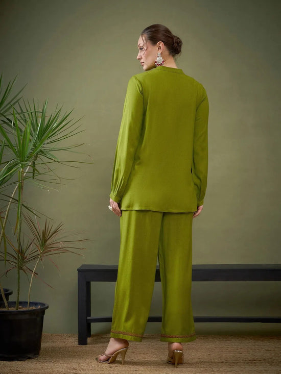 Women Green Hem Embroidered Shirt With Palazzos