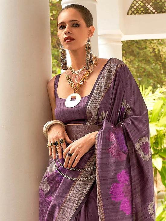 Saree Mall Women's  Blend Purple Woven Design Celebrity Saree With Blouse Piece-KALKI313005