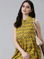 Women Mustard Geometrical A-Line Dress-RE-166-Mustard