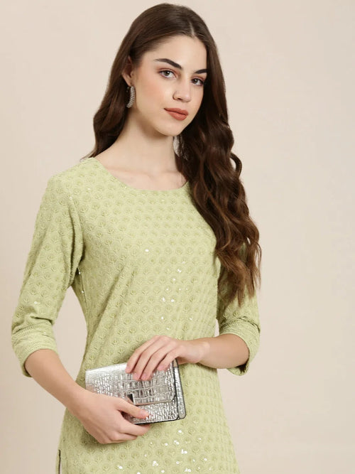 Women Lime Green Embellished Straight Kurta-RA-074-Limegreen