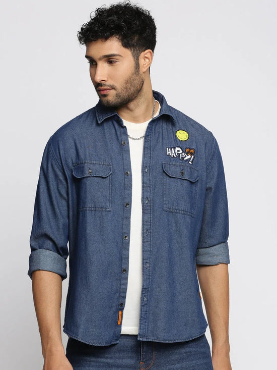 Men Navy Blue Spread Collar Solid Oversized Shirt-SMILEDENIM-4913-Navyblue