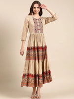 Women's Beige Printed Anarkali Kurta-GW-2758A-Beige