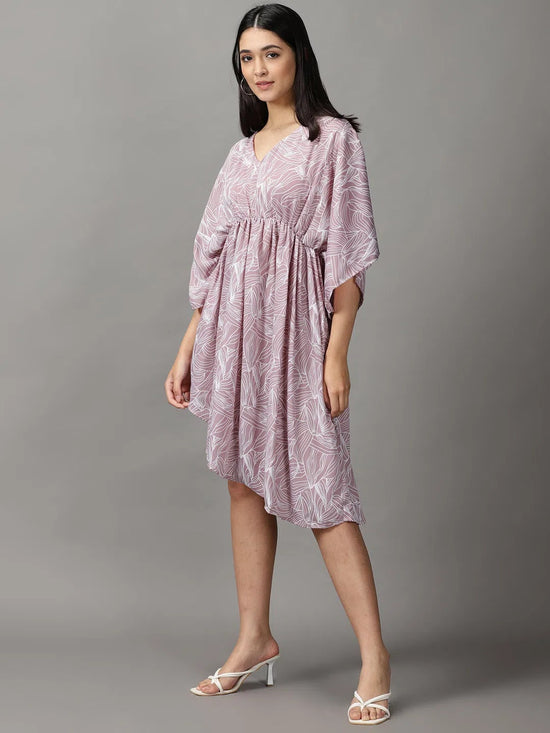 Women's Mauve Printed Fit and Flare Dress-AE-15777-Mauve