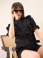 Women Black Schiffli Shirt With Paperwaist Shorts