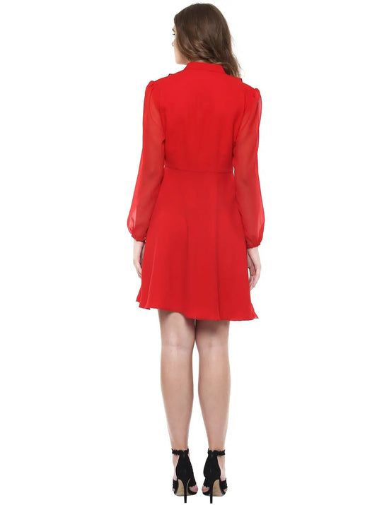 Frill collar Flare Dress in Red