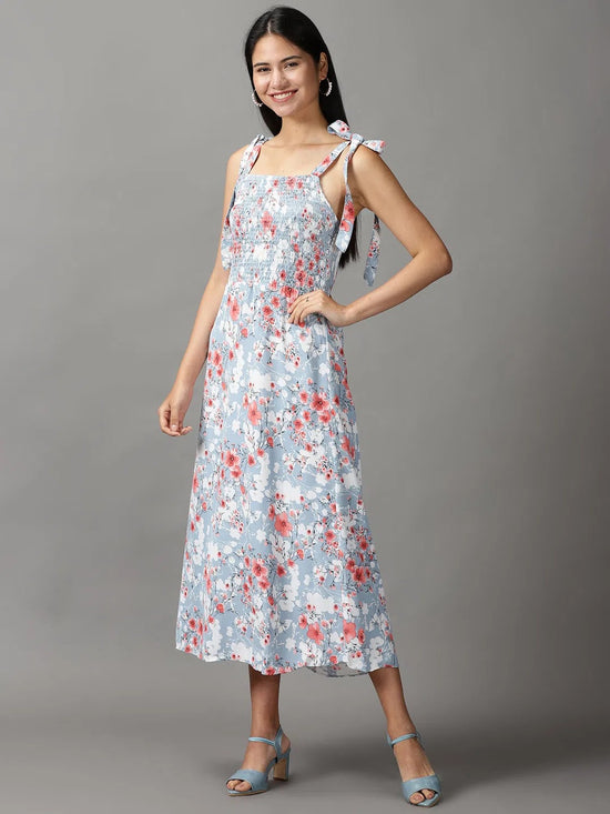 Women's Blue Floral A-Line Dress-AE-15683-Bluemulti