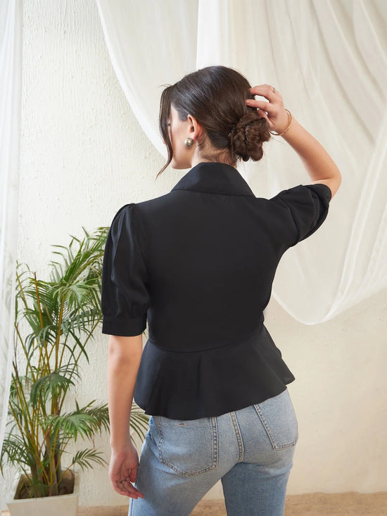 Women Black Frill Detail Shirt Style Blouse