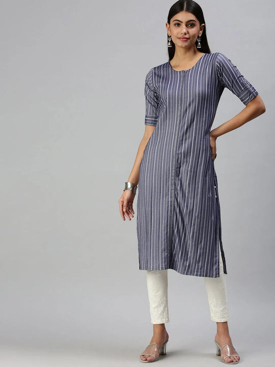 Women's Navy Blue Striped Straight Kurta-SNG2064-Navyblue