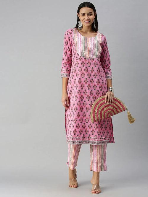 Women's Pink Striped Kurta Sets-SS-383-Pinkmulti