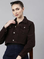 Women Coffee Brown Solid Denim Jacket-GZ-5600-Coffeebrown