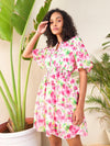 Women Pink Floral Layered Hem Short Dress