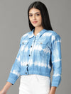 Women's Blue Printed Open Front Jacket-AE-0174-Blue