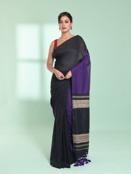 Black Patli Pallu Cotton Saree With Texture Design-MA59CT06570025