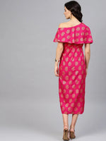 One Shoulder yoke overlap printed dress in Pink