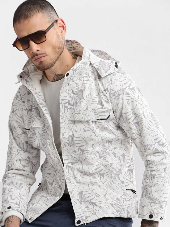 Men Hooded White Abstract Tailored Oversized Jacket comes with Detachable Hoodie and Inner fleece Jacket-99899-White