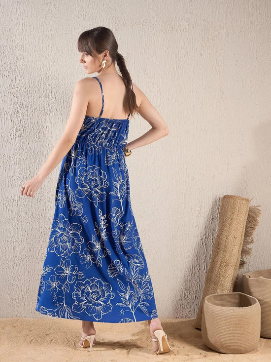 Women Royal Blue Floral Strappy Maxi Dress