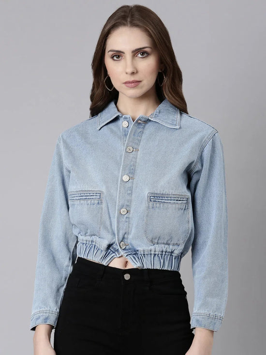 Women Blue Solid Denim Jacket-GZ-5581-Blue