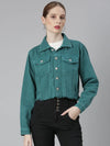 Women Teal Solid Denim Jacket-GZ-5599-Teal