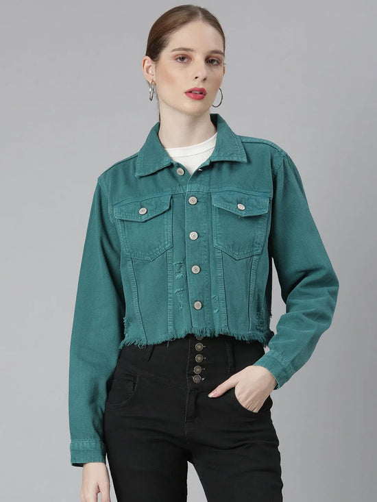 Women Teal Solid Denim Jacket-GZ-5599-Teal