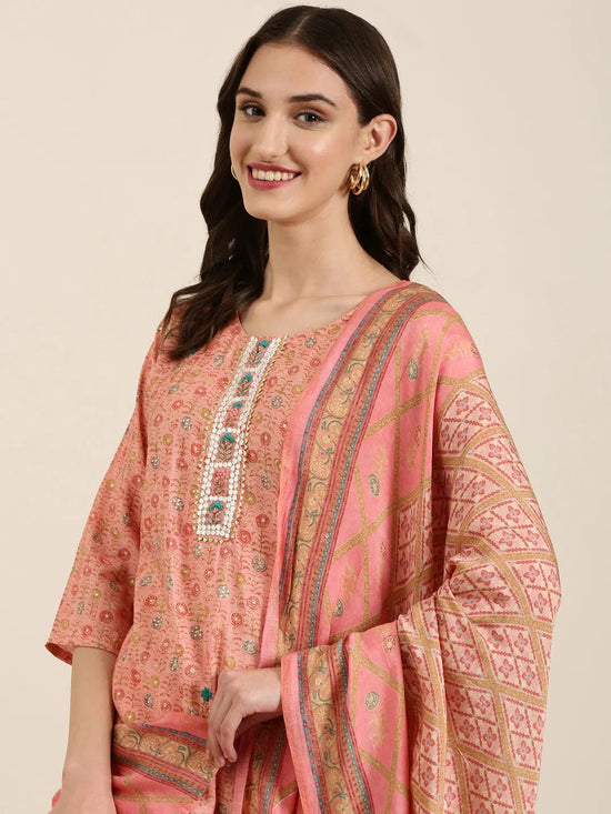 Women Peach Floral Kurta Set-FS-2764-Peach