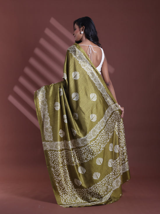 Green Silk Soft Saree With Texture Print-MA60BSL01400053