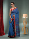 Sapphire Blue Silk Linen Handwoven Saree With Temple Border-MA50SLN061100094