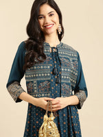 Women's Blue Embroidered Anarkali Kurta-AT-A339-JK-Teal