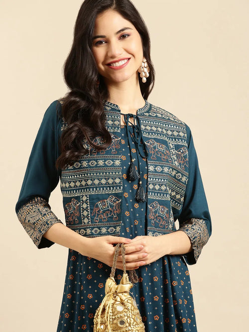 Women's Blue Embroidered Anarkali Kurta-AT-A339-JK-Teal