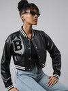 Women Solid Crop Black Drop Shoulder Oversized Varsity Jacket-8940-Black