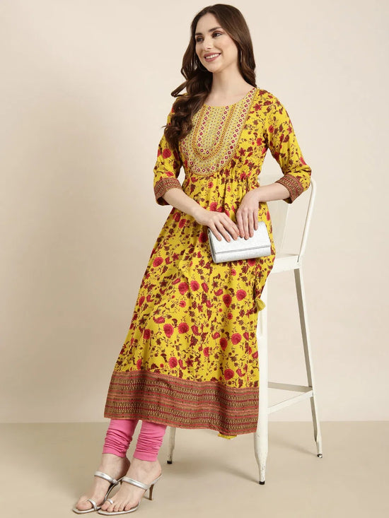 Women Anarkali Yellow Floral Kurta-AT-A1369-LG-Yellow