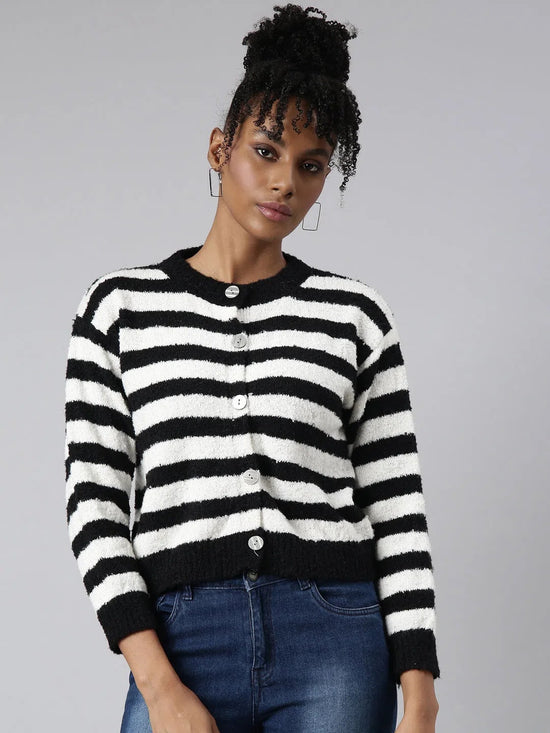 Women Striped Off White Regular Cardigan-CHN-121-Offwhite