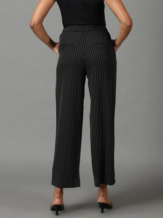 Women's Black Striped Formal Trouser-IM-9895-Black