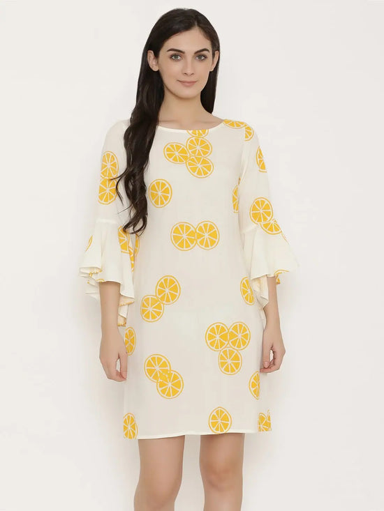 Bell Sleeve Block printed Dress in Off White-TC0286RWLE_S