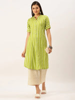 Women's Green Striped Straight Kurta-SKC-3233-Green