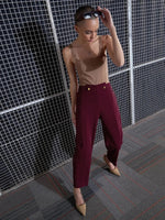 Women Red Waist Button Pants