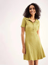 Women Khaki Rib Polo Neck Short Sleeves Skater Dress