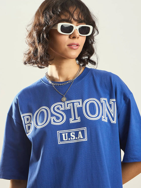 Women Royal Blue BOSTON Printed T-Shirt Dress