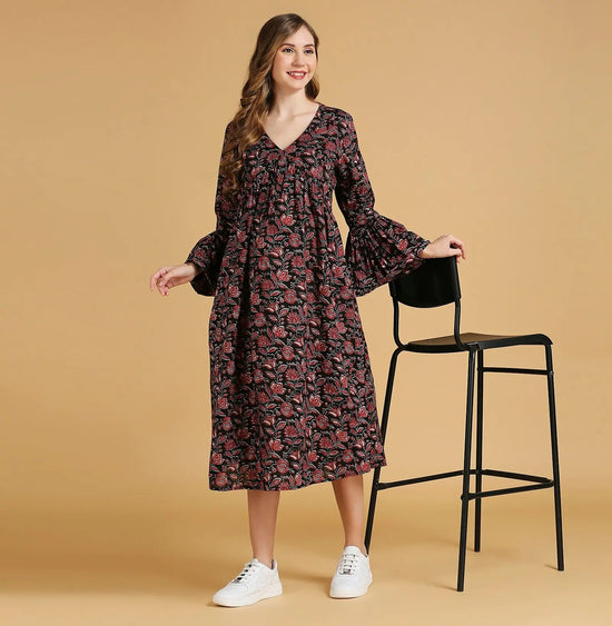 MomToBe Floral Print Cotton Maternity Fit Flare Dress-1220mtbblkflrd-l