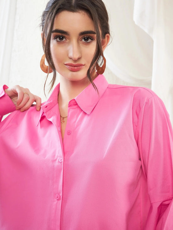 Women Pink Poplin Lantern Sleeves Shirt