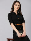 Women Black Solid Shirt Dress-DF-4759-Black