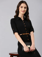 Women Black Solid Shirt Dress-DF-4759-Black